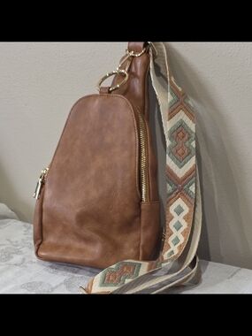 Brown Vegan Leather Crossbody Sling Bag with Patterned Strap